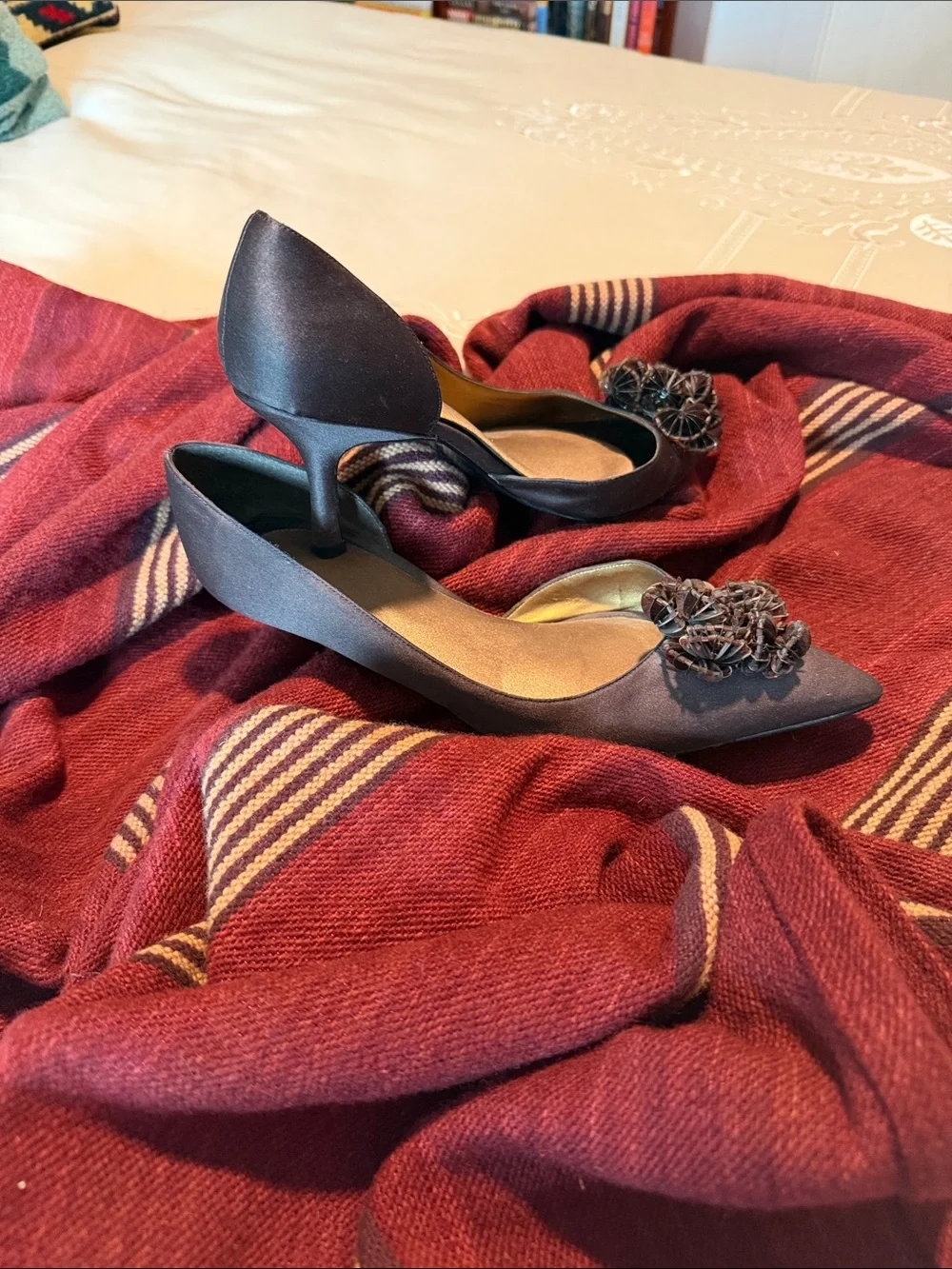 Women's Pointed Toe Embellished Pumps in Dark Brown